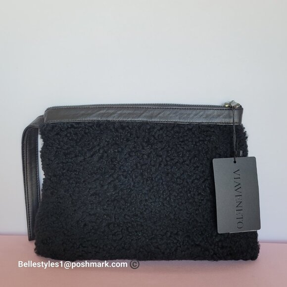 VIAVENETO Delilah Curly Lambskin Shearling Large Pouch/Wristlet- Black color - Picture 5 of 16